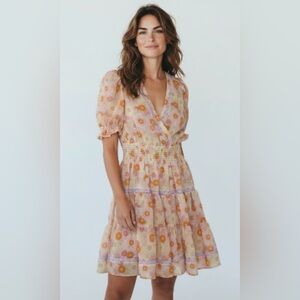 TAYLOR PLUS SIZE 14 Lilac/Floral Tiered Short Dress SMOCKED WAIST PUFF SLEEVE